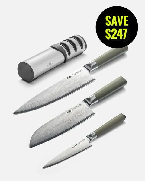 MAKO Japanese Steel Knife & Sharpener Set - Olive Green